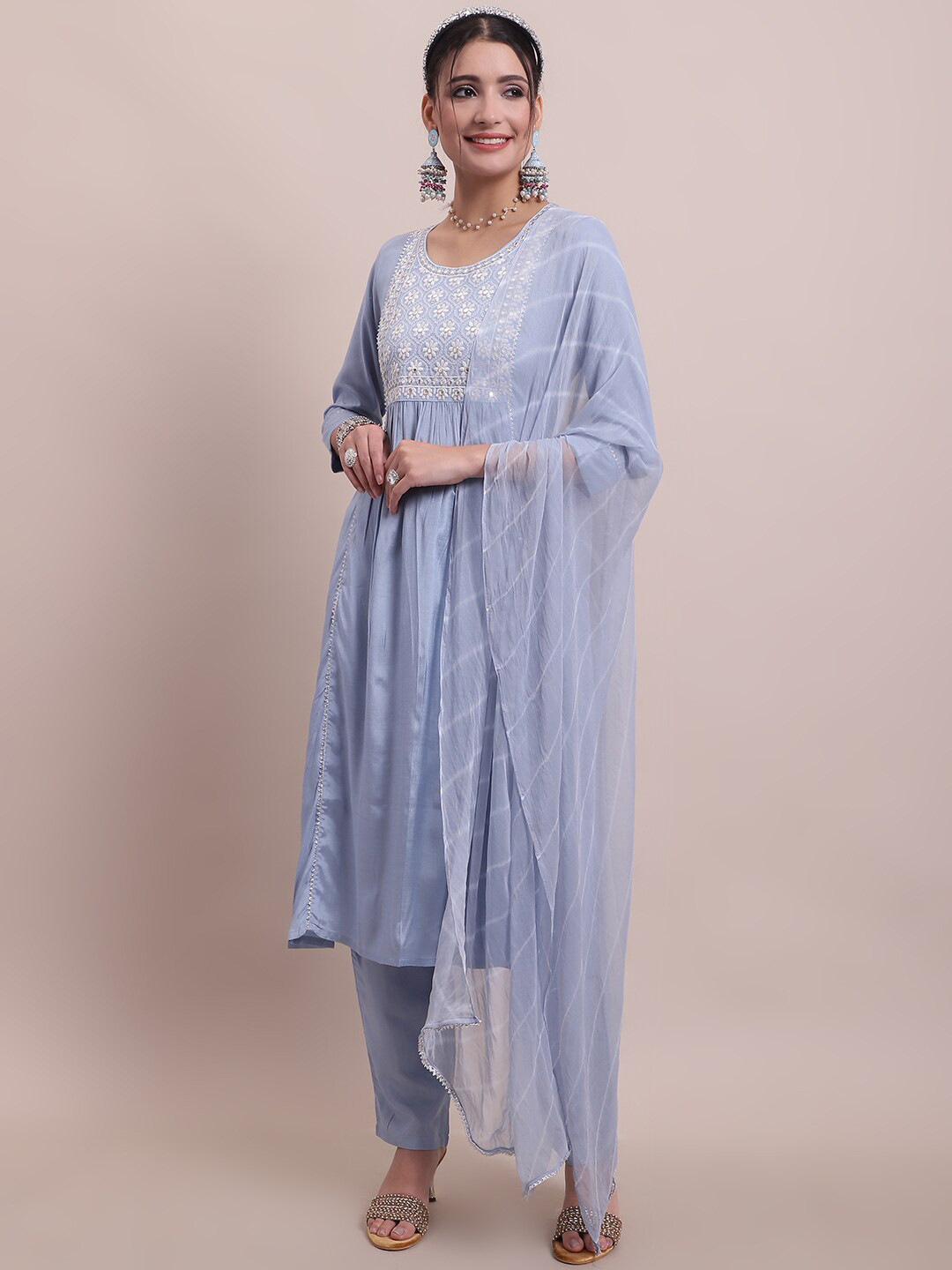 

KALINI Ethnic Motifs Embroidered Kurta with Trousers & Dupatta, Blue