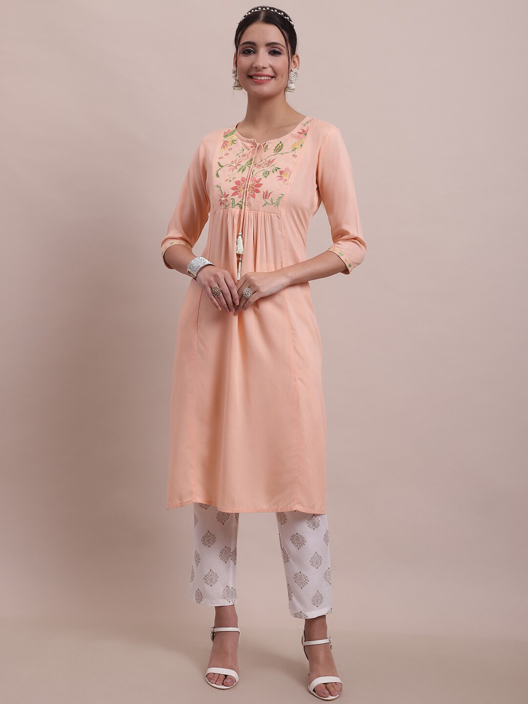 

KALINI Floral Printed Yoke Design Pleated Kurta With Trousers, Peach