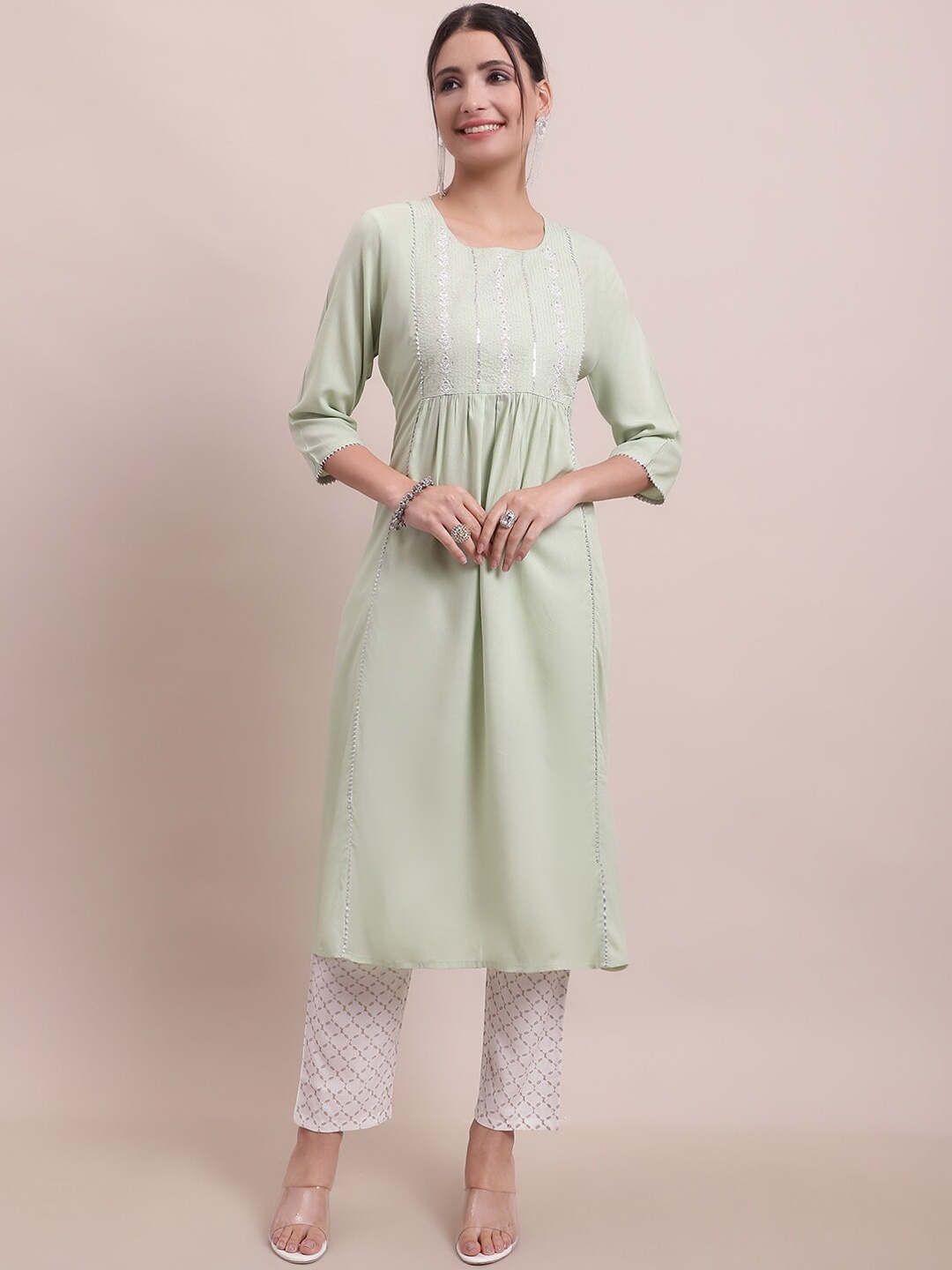 

KALINI Ethnic Motifs Embroidered Pleated Thread Work A-Line Kurta With Trousers, Green