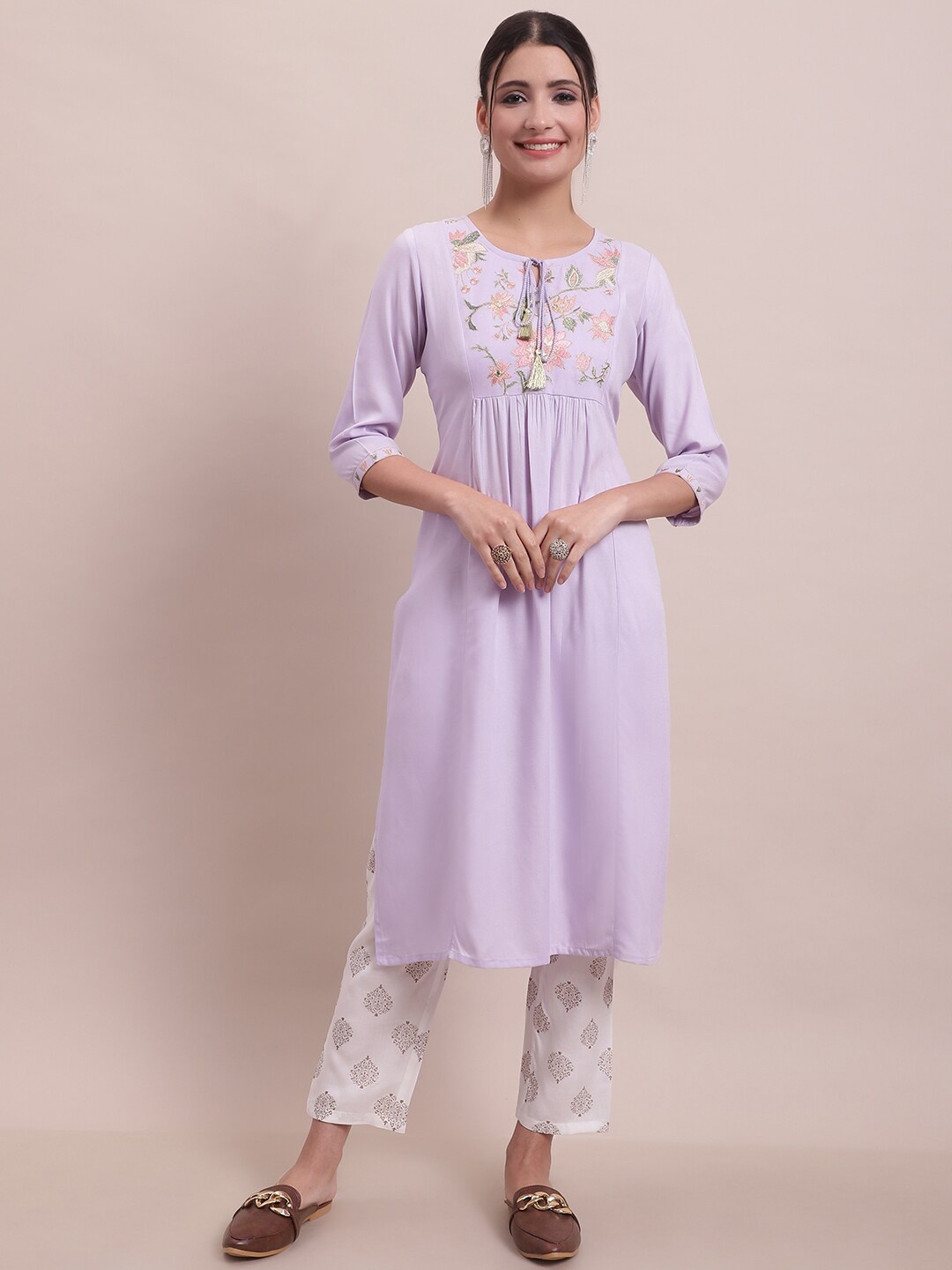 

KALINI Ethnic Motifs Embroidered Pleated Thread Work A-Line Kurta With Trousers, Lavender