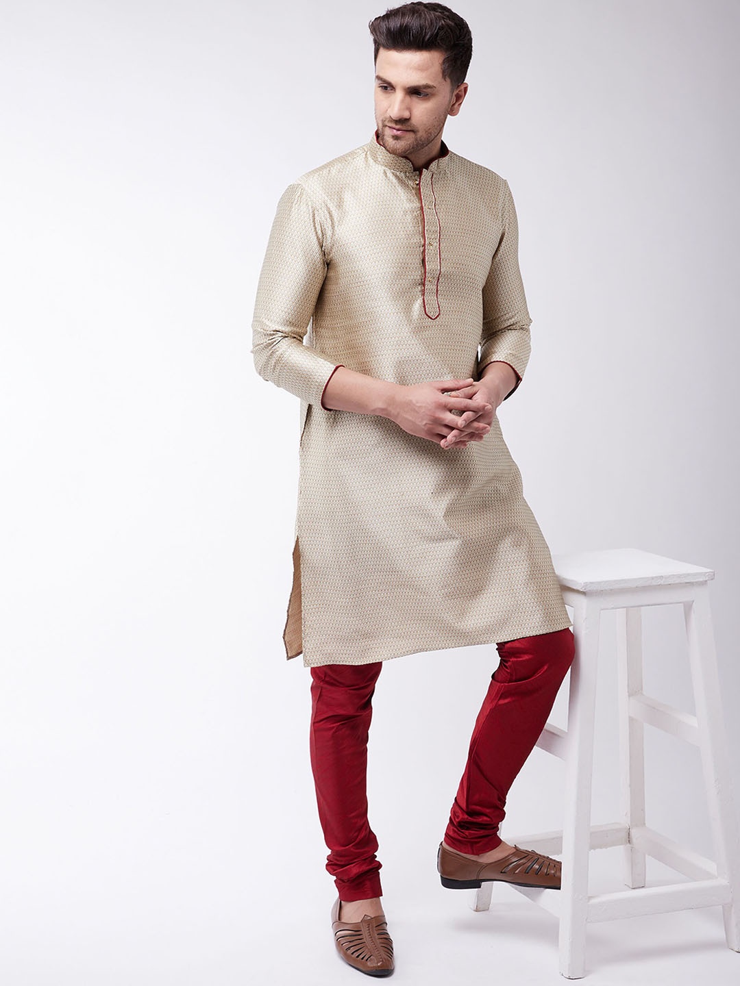 

VASTRAMAY Woven Design Silk Blend Kurta With Churidar, Beige