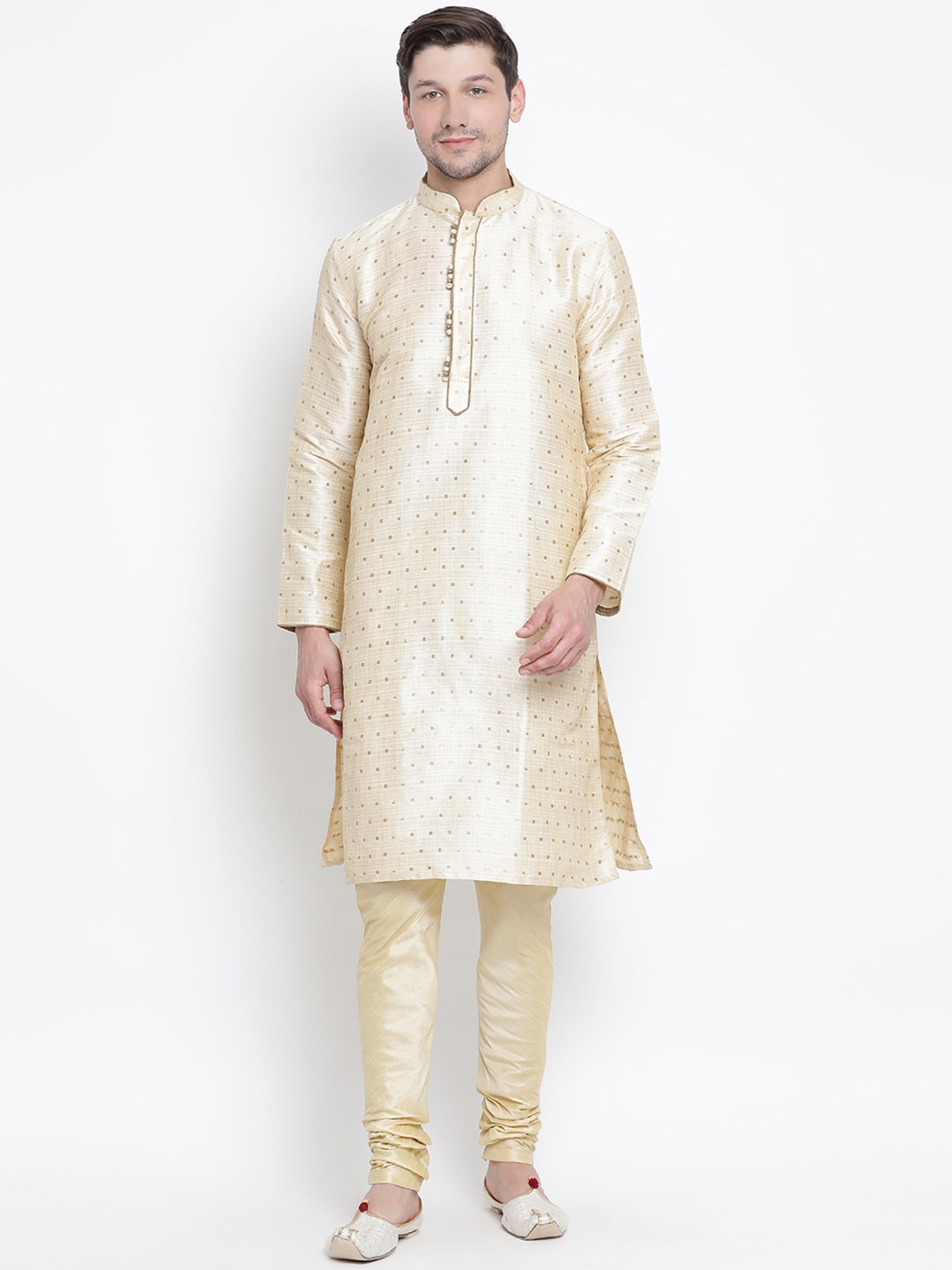 

VASTRAMAY Mandarin Collar Woven Design Kurta With Churidar, Gold