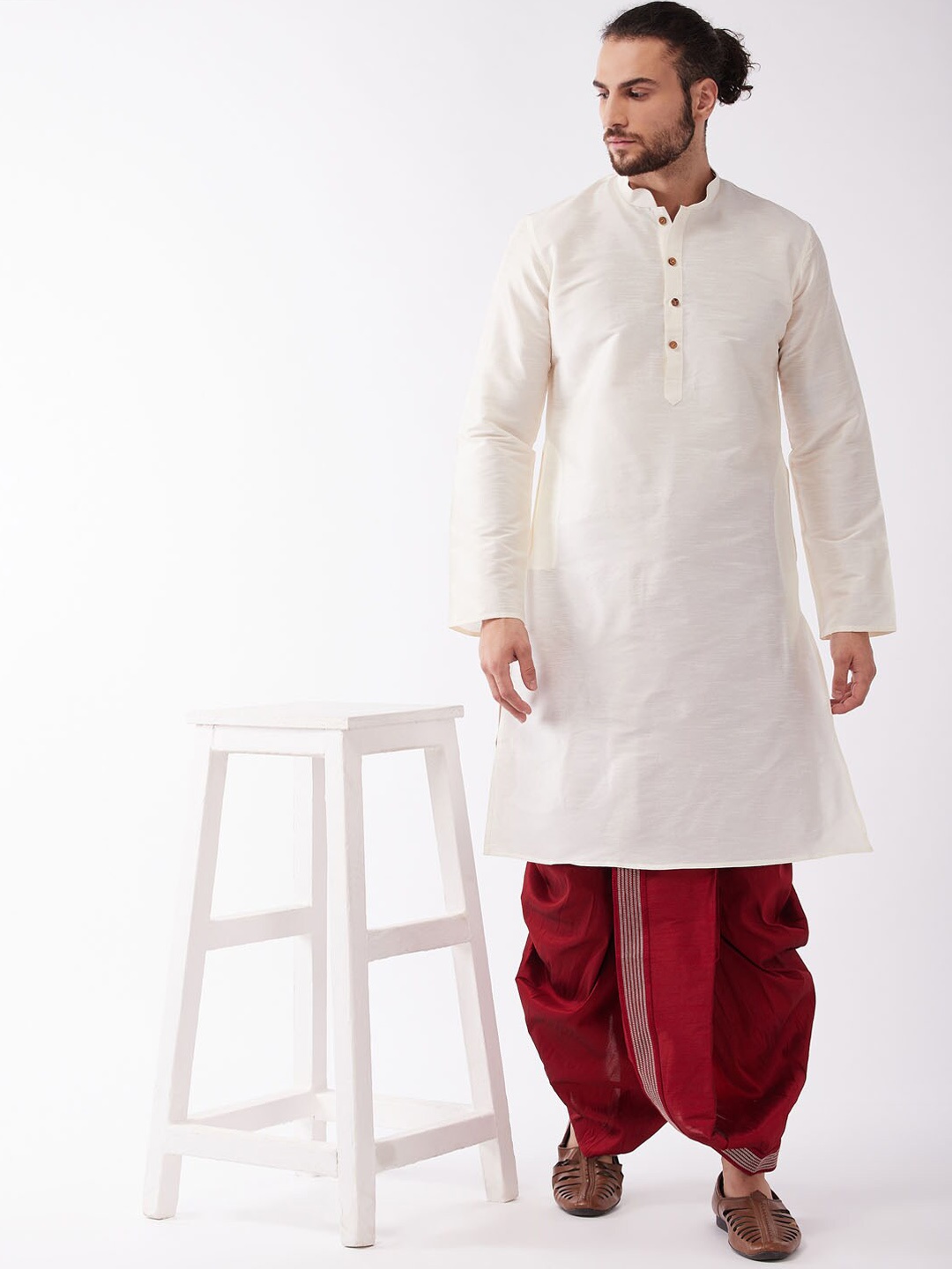 

VASTRAMAY Mandarin Collar Kurta with Dhoti Pants, Cream