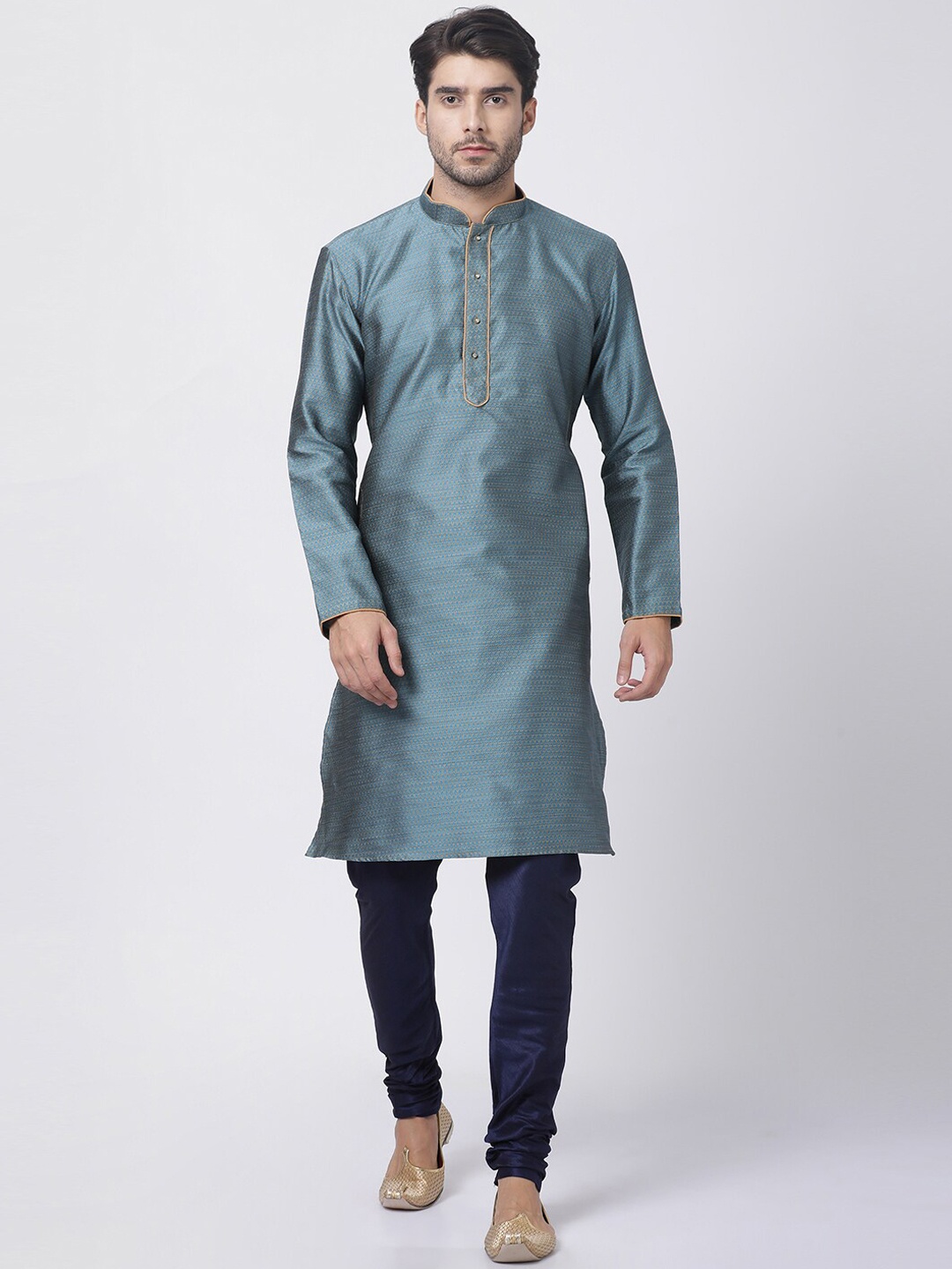 

VASTRAMAY Woven Design Mandarin Collar Straight Kurta With Churidar, Blue