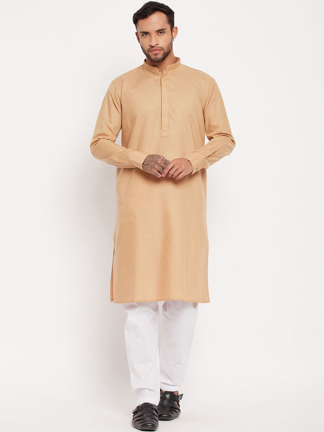 

VASTRAMAY Mandarin Collar Straight Kurta With Pyjama, Cream