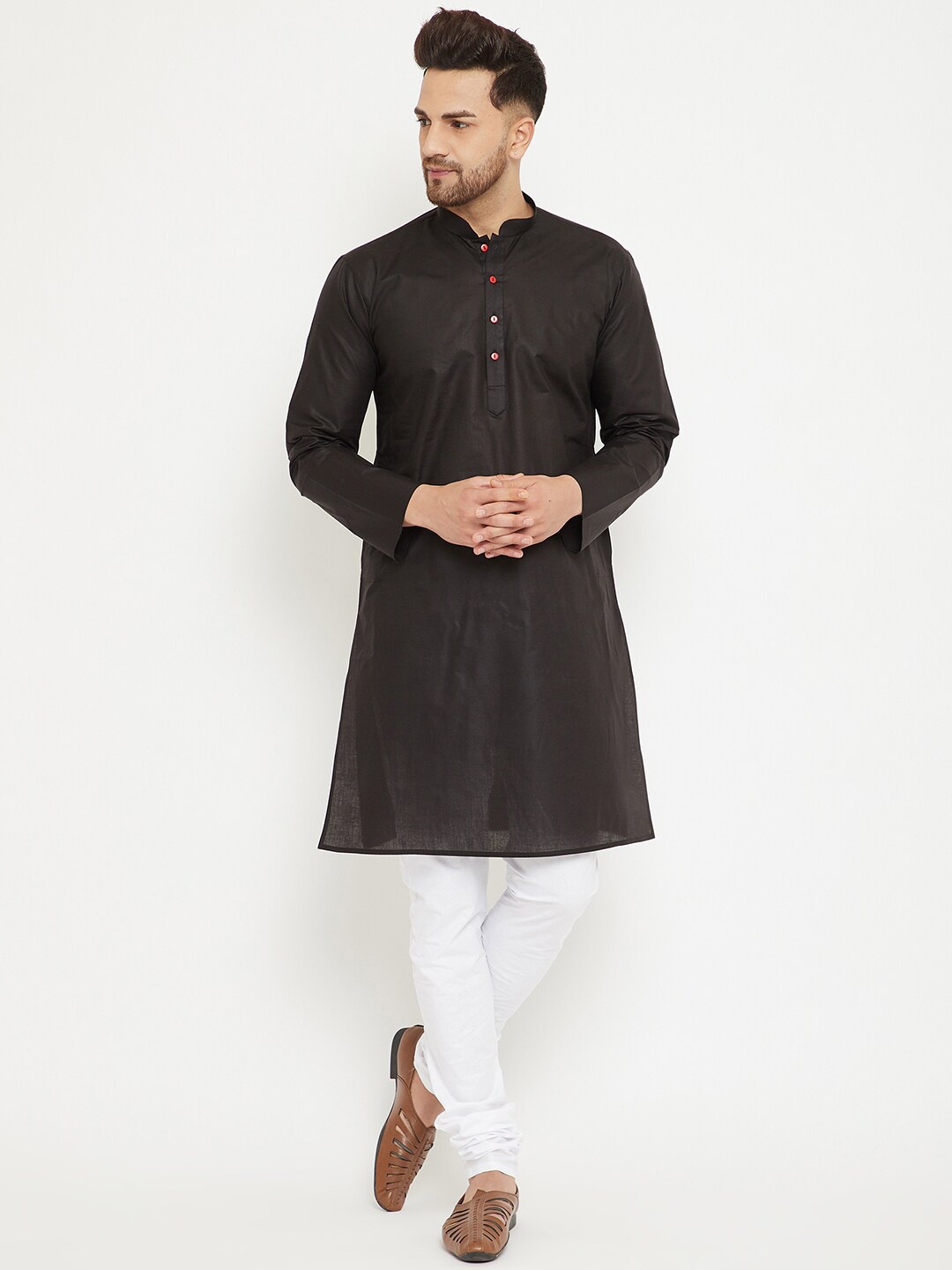 

VASTRAMAY Men Mandarin Collar Straight Kurta With Churidar, Black