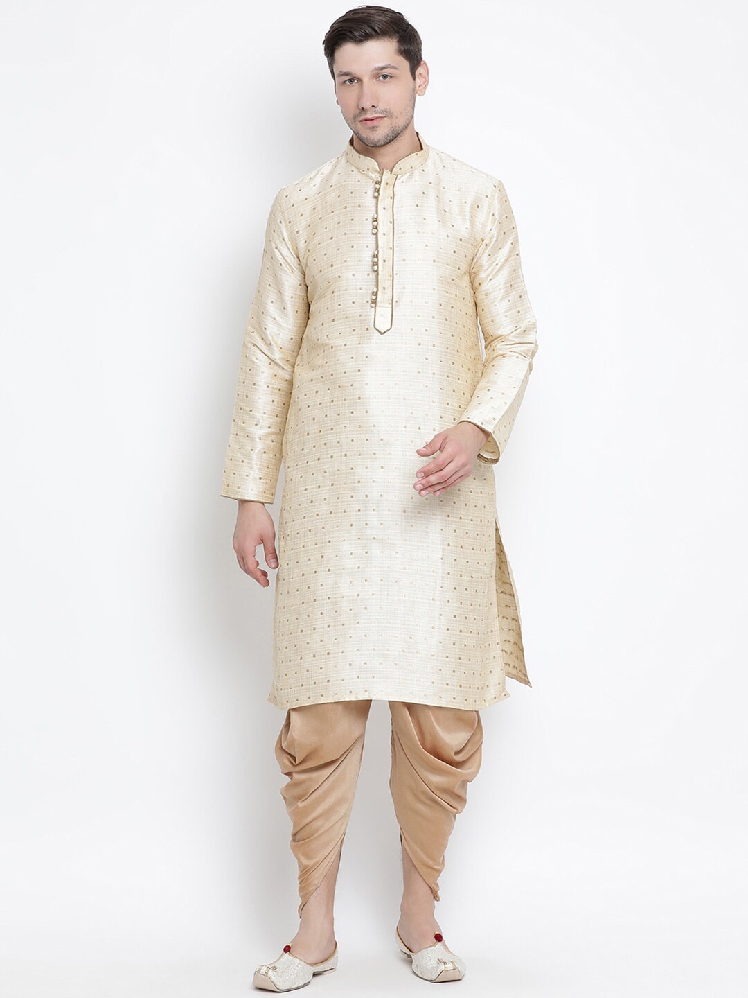 

VASTRAMAY Woven Design Mandarin Collar Straight Kurta With Dhotipants, Gold