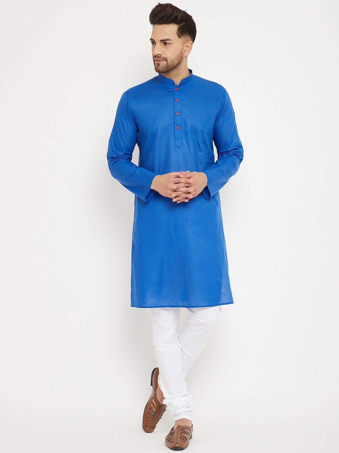 

VASTRAMAY Mandarin Collar Straight Kurta With Churidar, Blue