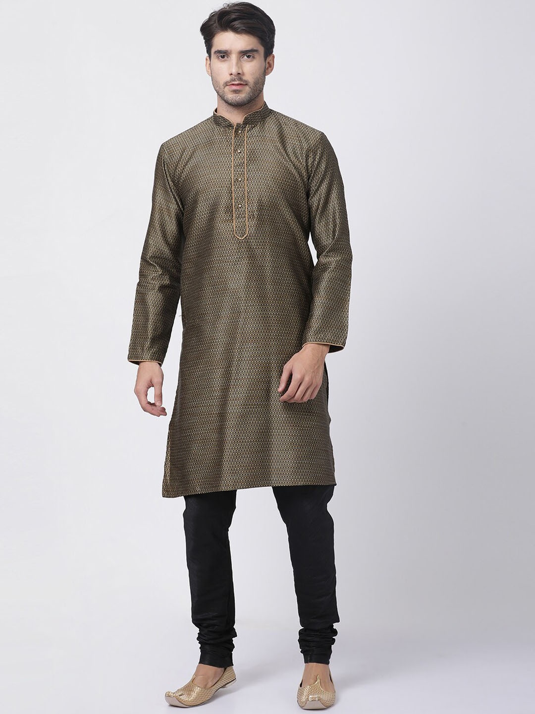 

VASTRAMAY Woven Design Mandarin Collar Straight Kurta With Churidar, Black