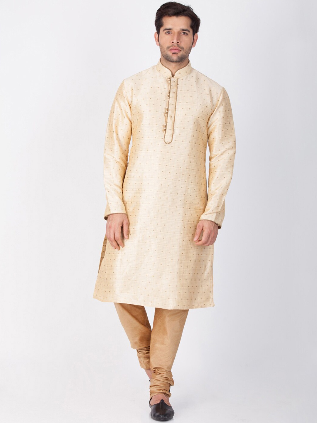 

VASTRAMAY Men Woven-Design Straight Kurta With Churidar, Gold