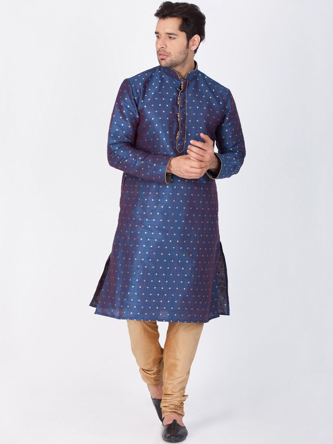 

VASTRAMAY Woven Design Mandarin Collar Straight Kurta With Churidar, Blue