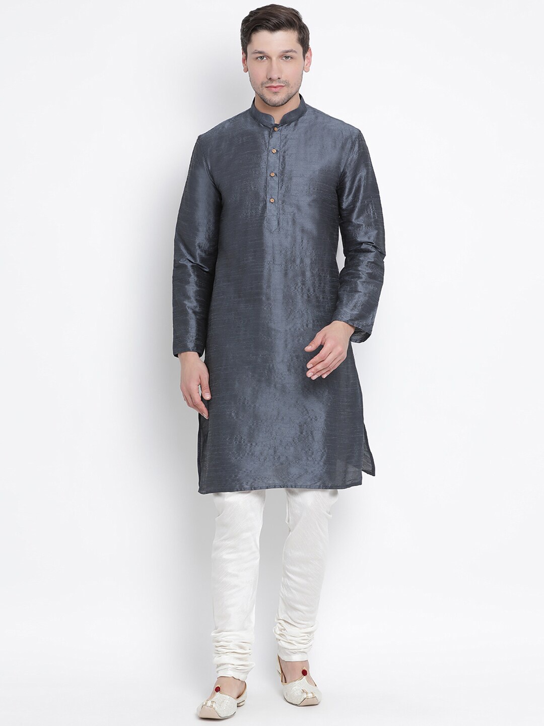 

VASTRAMAY Mandarin Collar Straight Kurta With Churidar, Grey