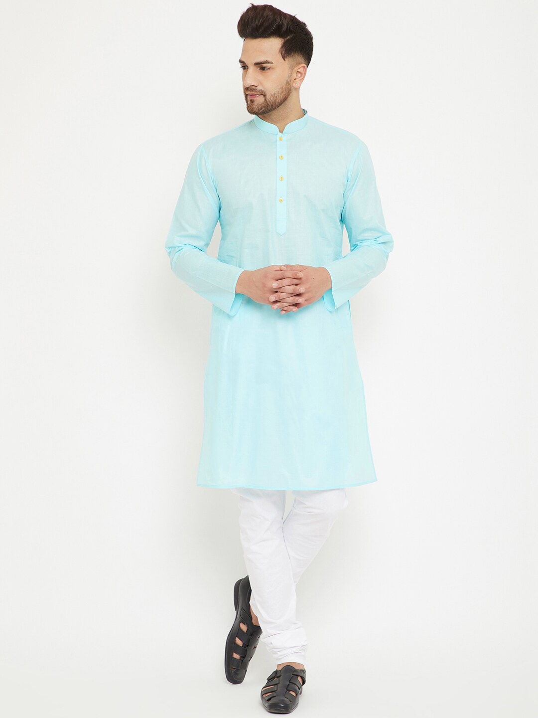 

VASTRAMAY Men Mandarin Collar Straight Kurta With Churidar, Blue