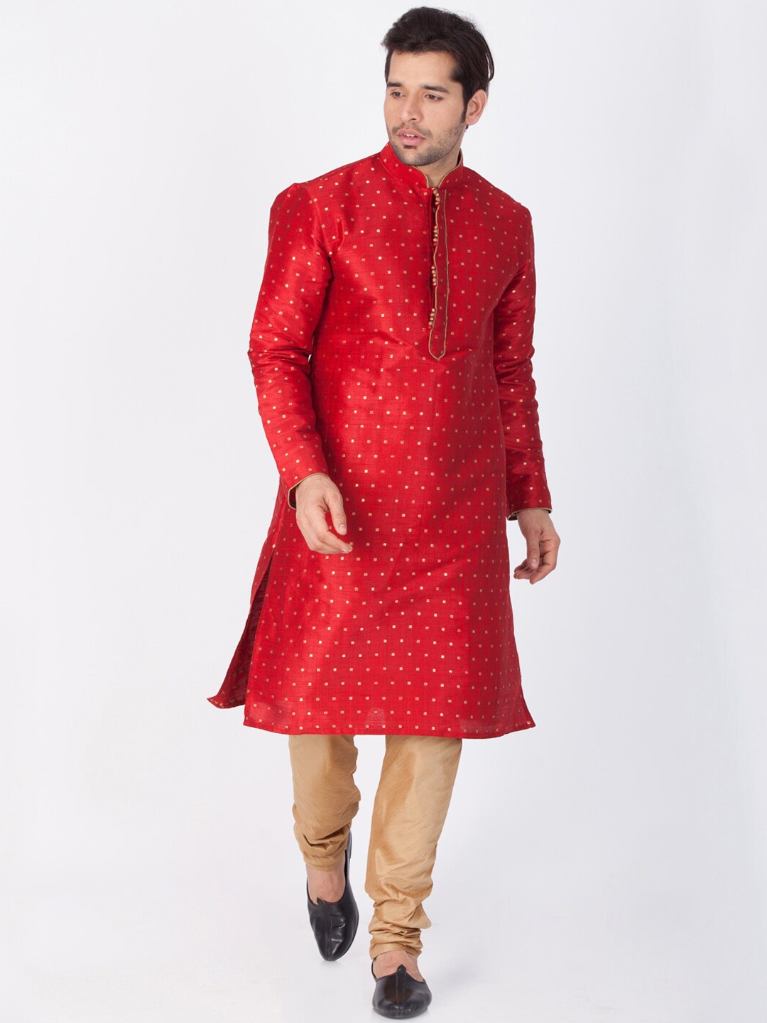 

VASTRAMAY Men Woven Design Straight Kurta With Churidar, Maroon