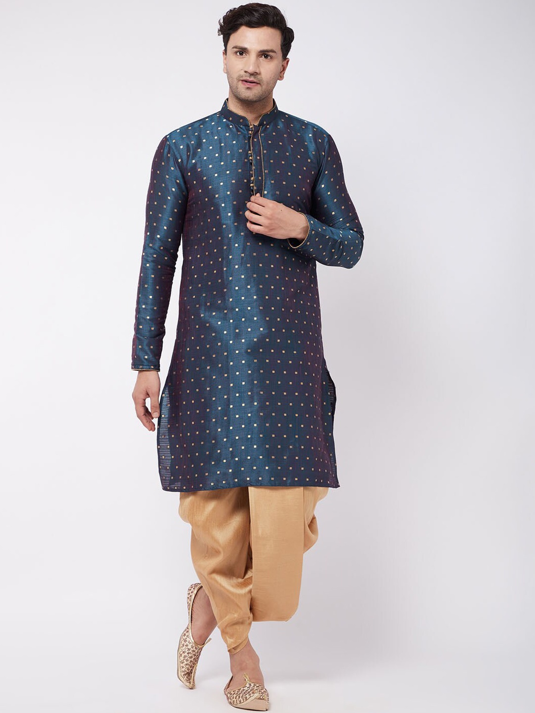

VASTRAMAY Men Woven-Design Straight Kurta With Dhotipant, Blue