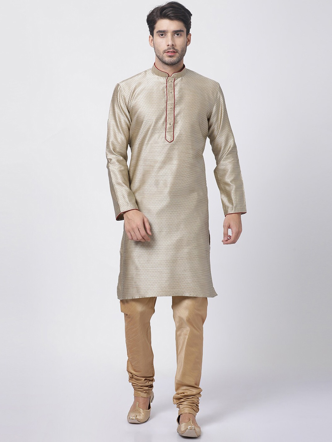 

VASTRAMAY Woven Design Mandarin Collar Straight Kurta With Churidar, Beige