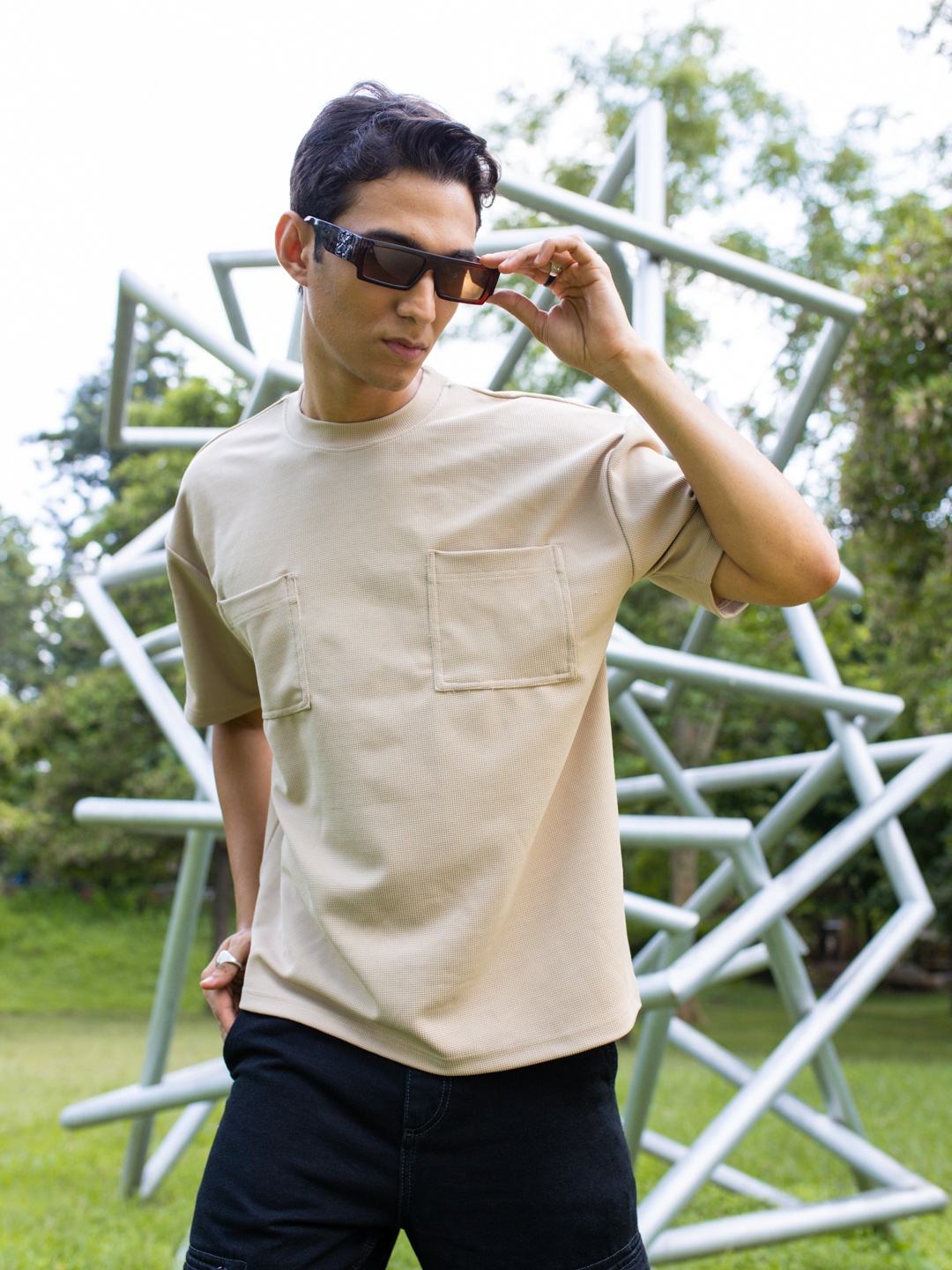 

UNRL Self Design Drop Shoulder Boxy Fit Polo Collar T-Shirt, Beige