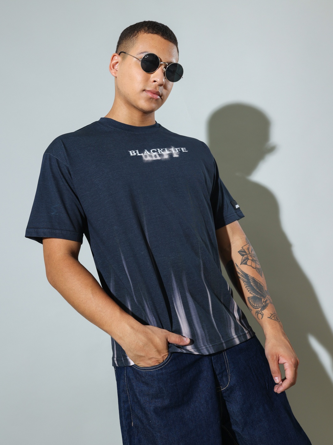 

UNRL Typography Printed Pure Cotton T-shirt, Navy blue