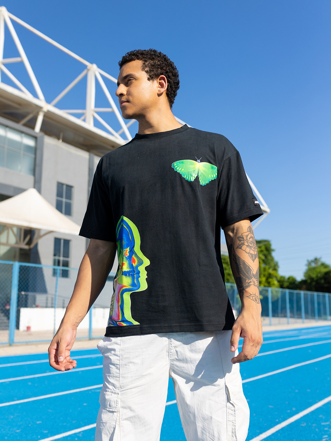 

UNRL Graphic Printed Drop-Shoulder Sleeves Pure Cotton T-shirt, Charcoal