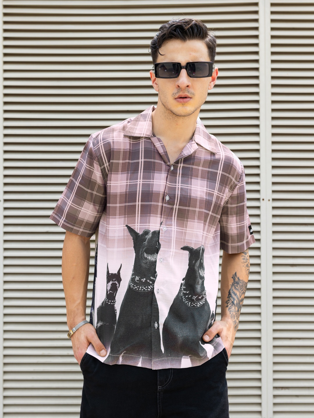 

UNRL Graphic Printed Cuban Collar Relaxed Fit Casual Shirt, Beige
