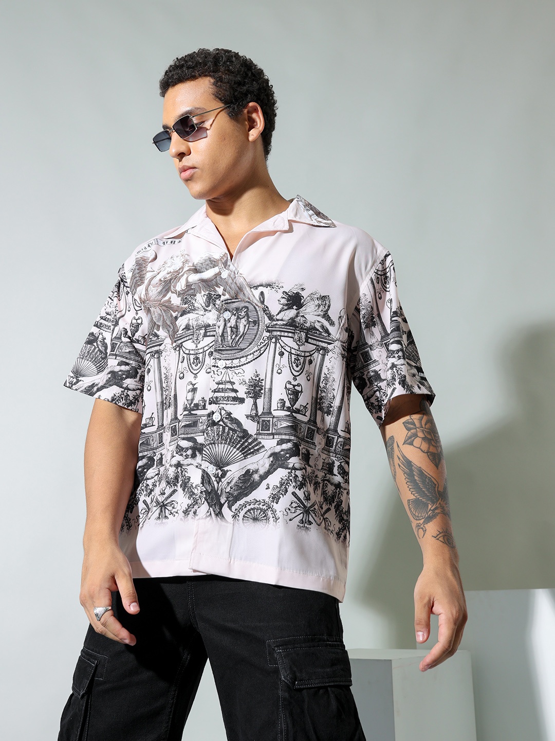 

UNRL Relaxed Graphic Printed Casual Shirt, Cream