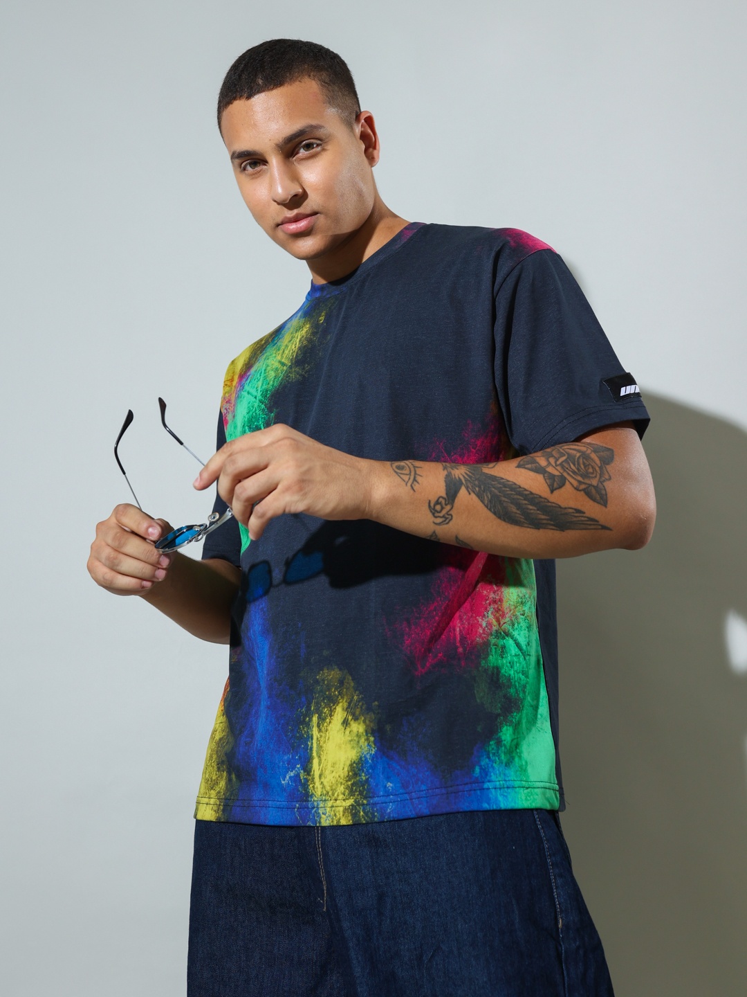 

UNRL Abstract Printed Drop-Shoulder Sleeves Cotton T-shirt, Charcoal
