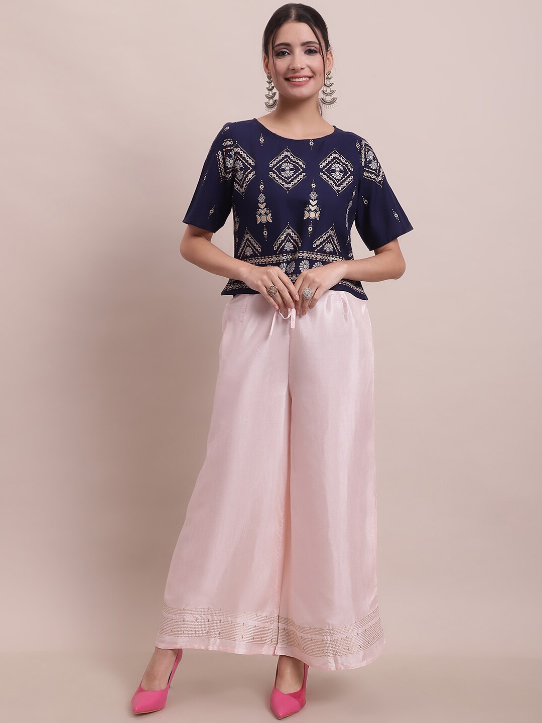 

Sangria Navy Blue & Pink Printed Top & Palazzo
