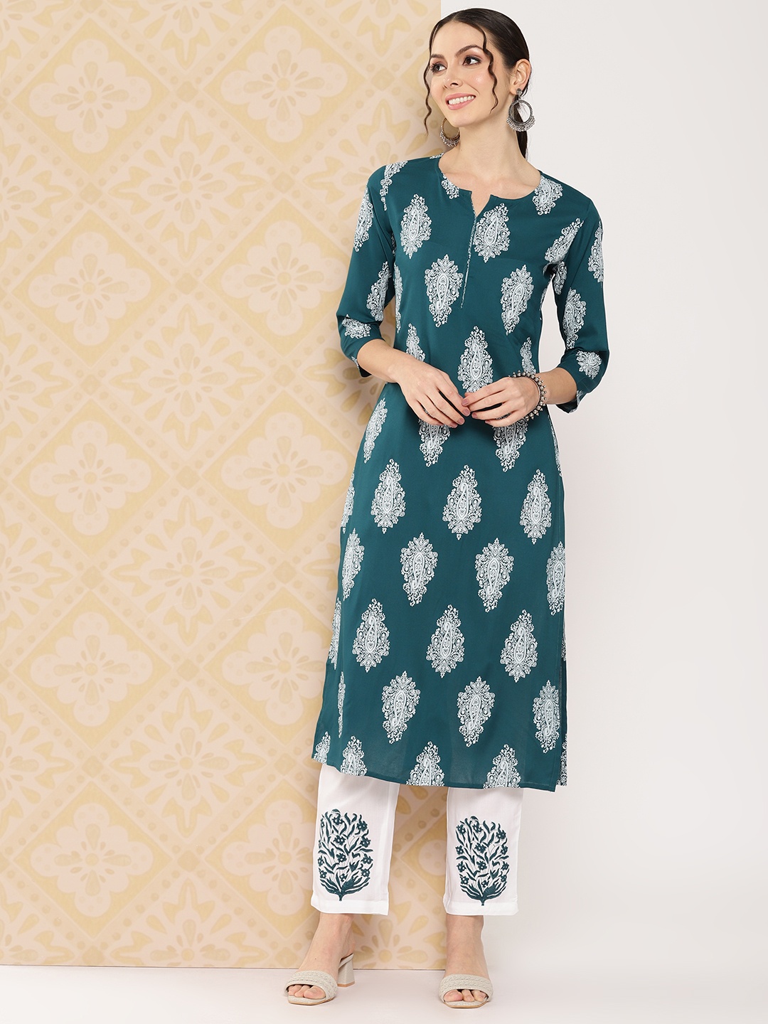 

Yufta Women Ethnic Motifs Printed Regular Kurta with Trousers, Teal
