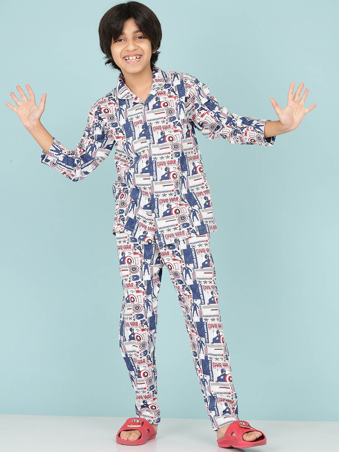 

BAESD Boys Capitan America Printed Pure Cotton Night suit, White
