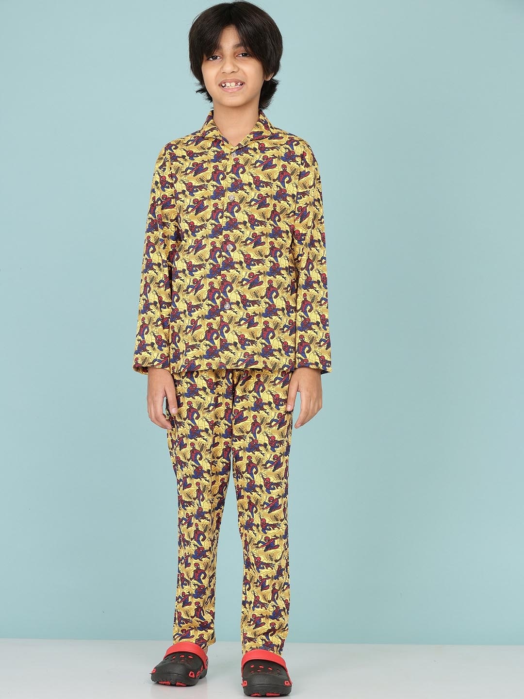 

BAESD Boys Spiderman Printed Pure Cotton Night suit, Yellow