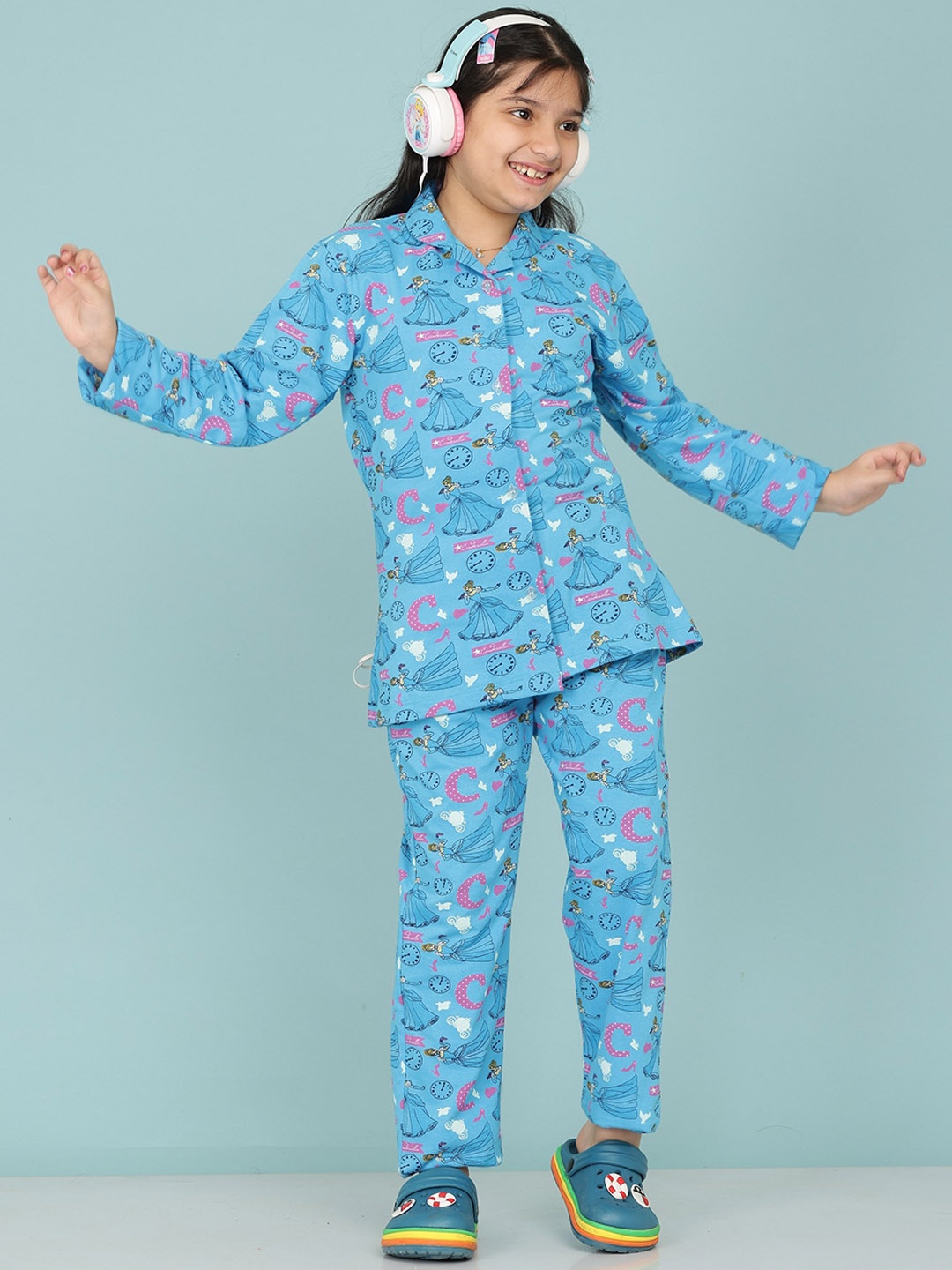 

BAESD Girls Cinderella Printed Pure Cotton Night suit, Blue