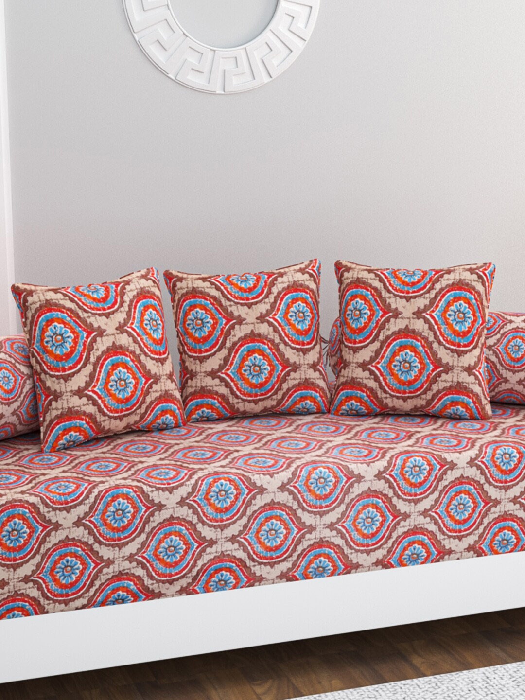 

HOME AFFAIRS 6 Pcs Maroon & Blue Printed Pure Cotton Diwan Set