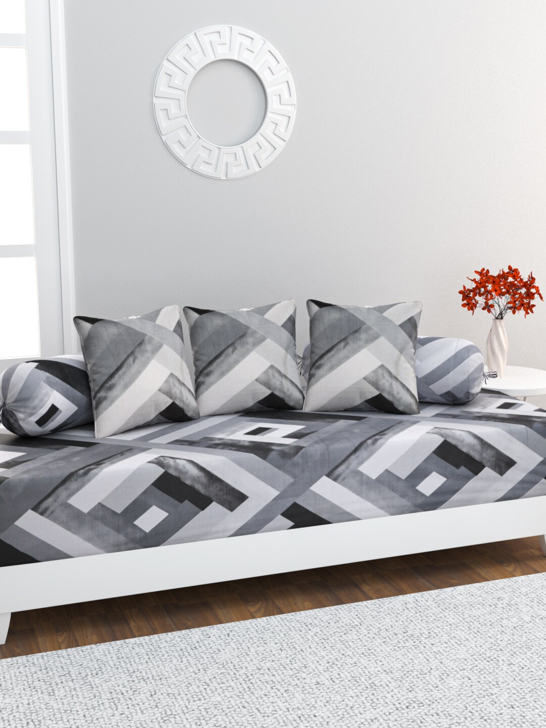 

HOME AFFAIRS 6 Pcs Grey & White Printed Pure Cotton Diwan Set