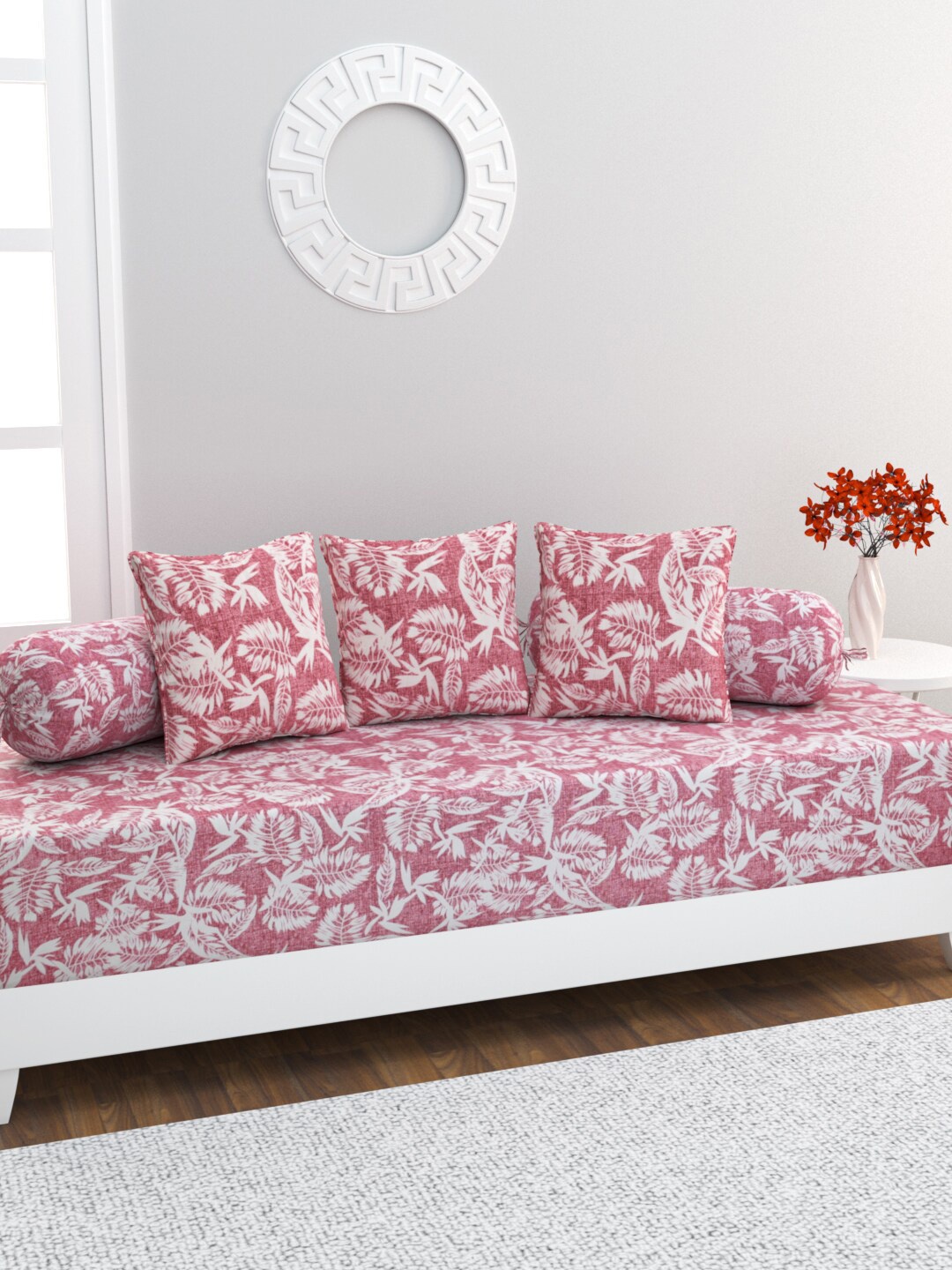 

HOME AFFAIRS 6 Pcs Pink & White Printed Pure Cotton Diwan Set