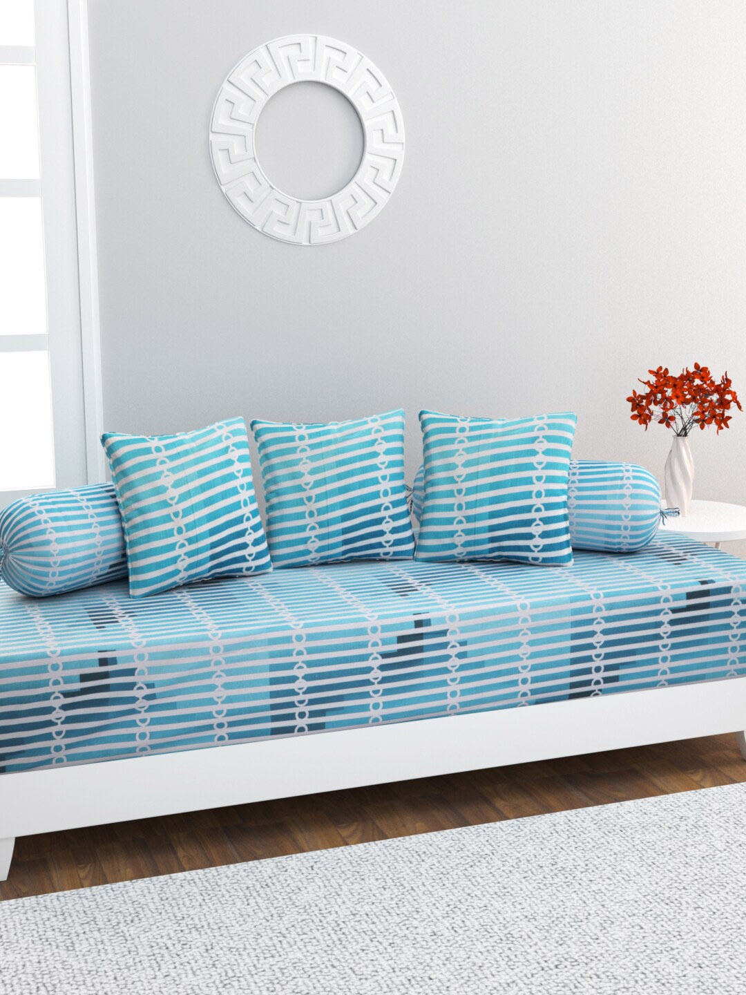 

HOME AFFAIRS 6 Pcs Blue & White Self Design Pure Cotton Diwan Set