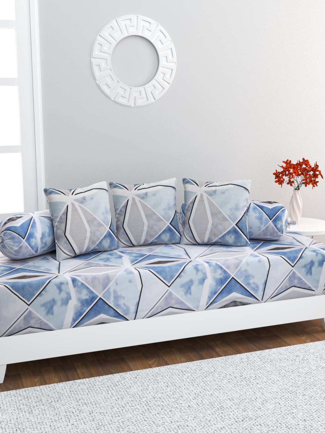 

HOME AFFAIRS 6 Pcs Blue & Grey Printed Pure Cotton Diwan Set