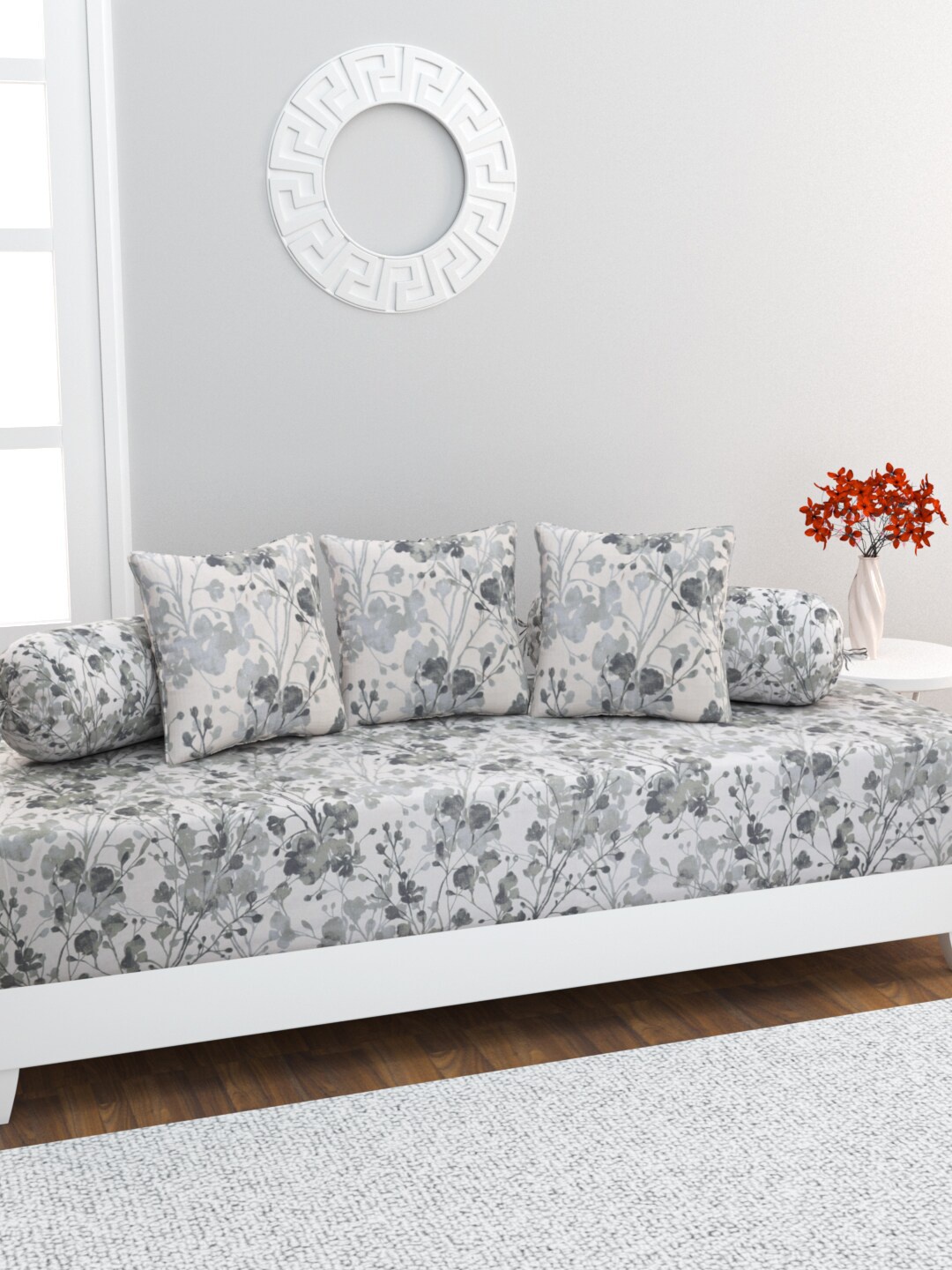 

HOME AFFAIRS 6 Pcs Off White & Grey Floral Printed Pure Cotton Diwan Set