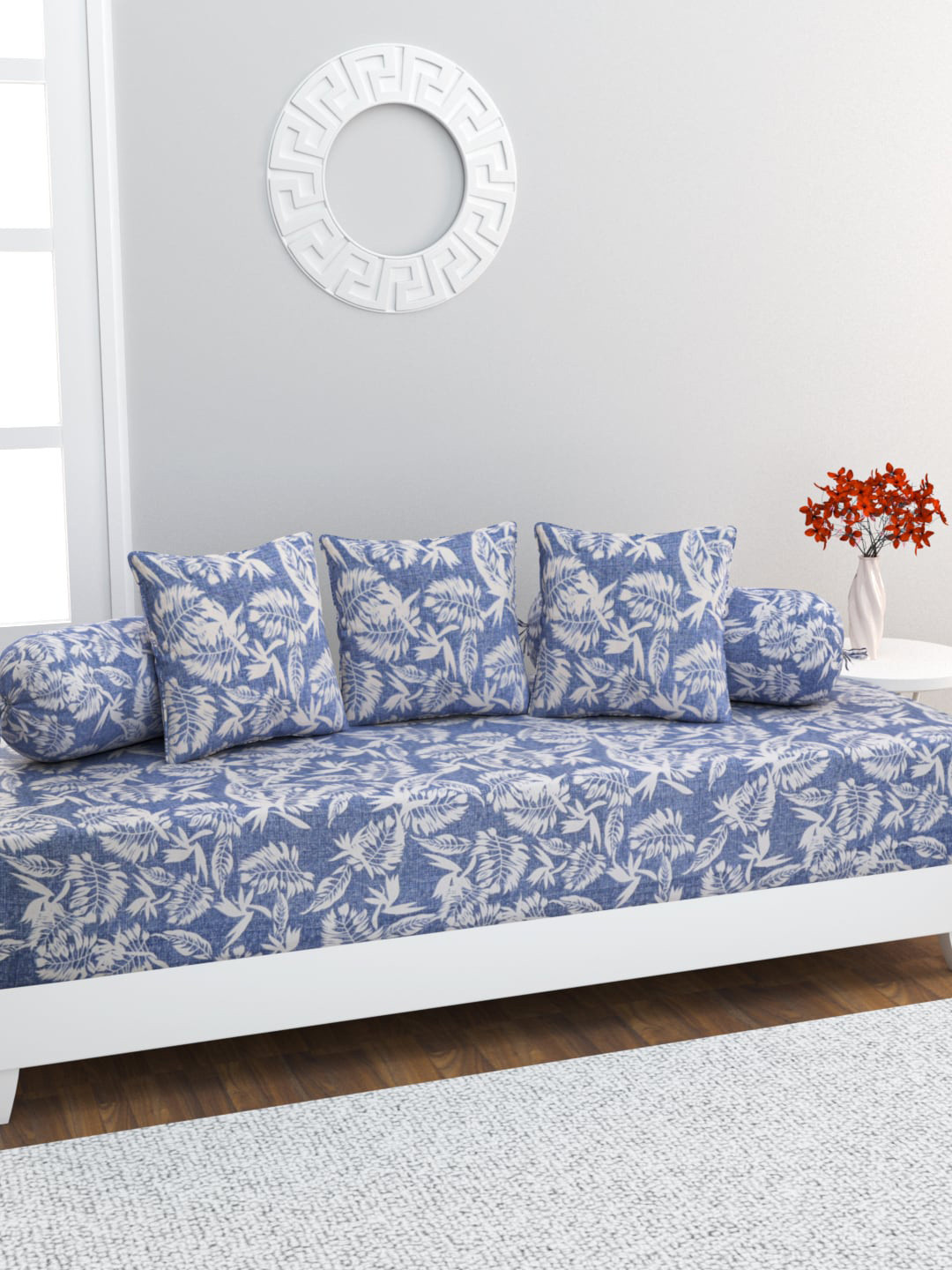 

HOME AFFAIRS 6 Pcs Blue & White Printed Pure Cotton Diwan Set