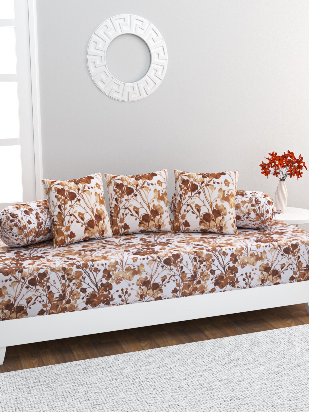 

HOME AFFAIRS 6 Pcs White & Brown Printed Pure Cotton Diwan Set
