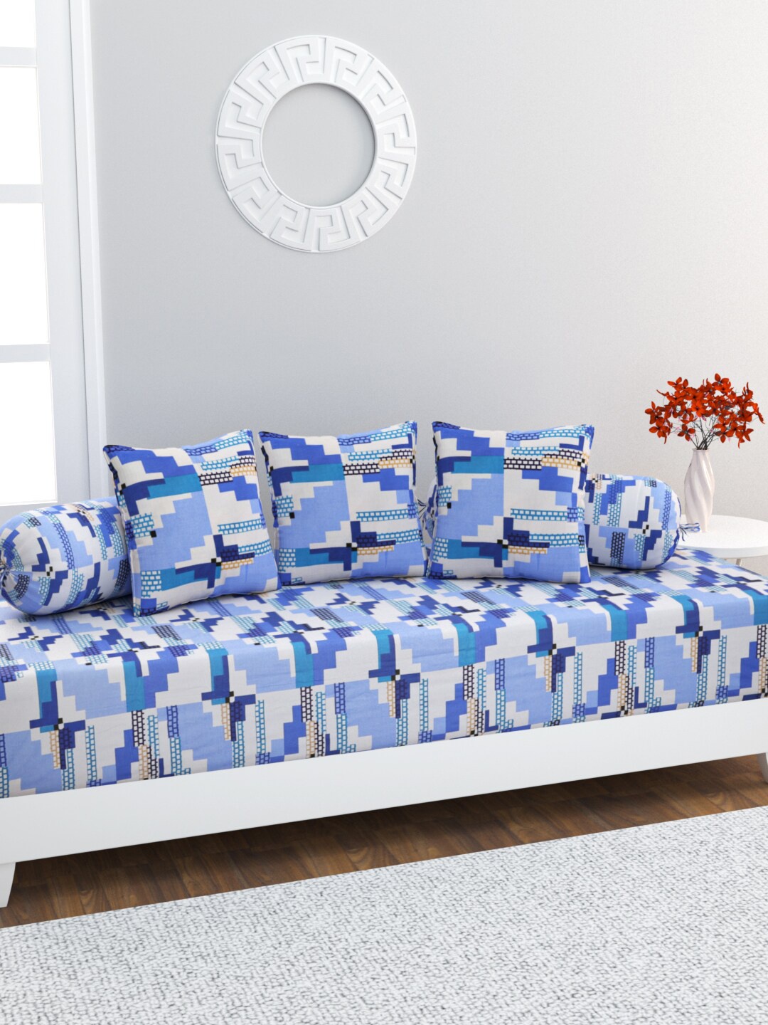 

HOME AFFAIRS 6 Pcs Blue & White Printed Pure Cotton Diwan Set