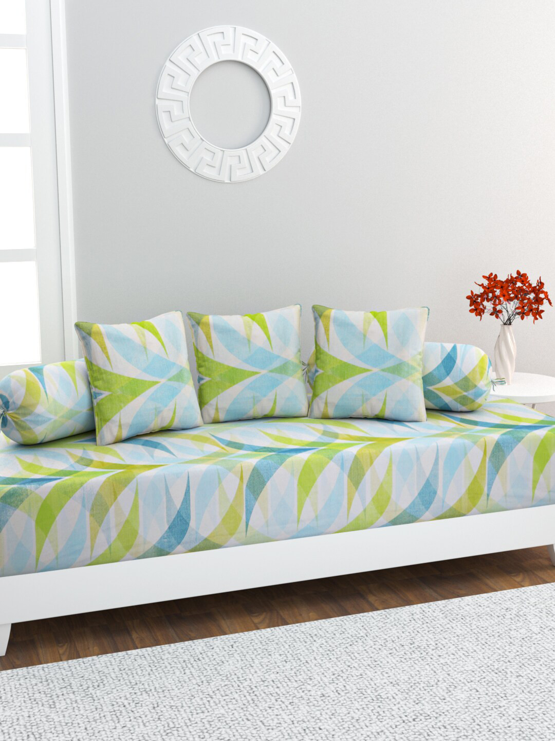 

HOME AFFAIRS 6 Pcs Green & Blue Printed Pure Cotton Diwan Set