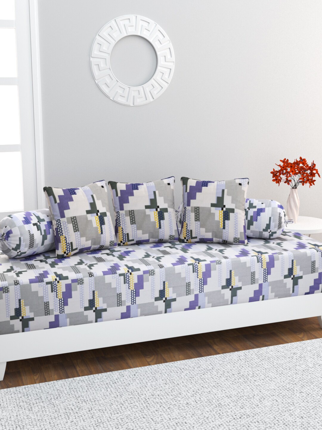 

HOME AFFAIRS 6 Pcs Grey & Purple Printed Pure Cotton Diwan Set