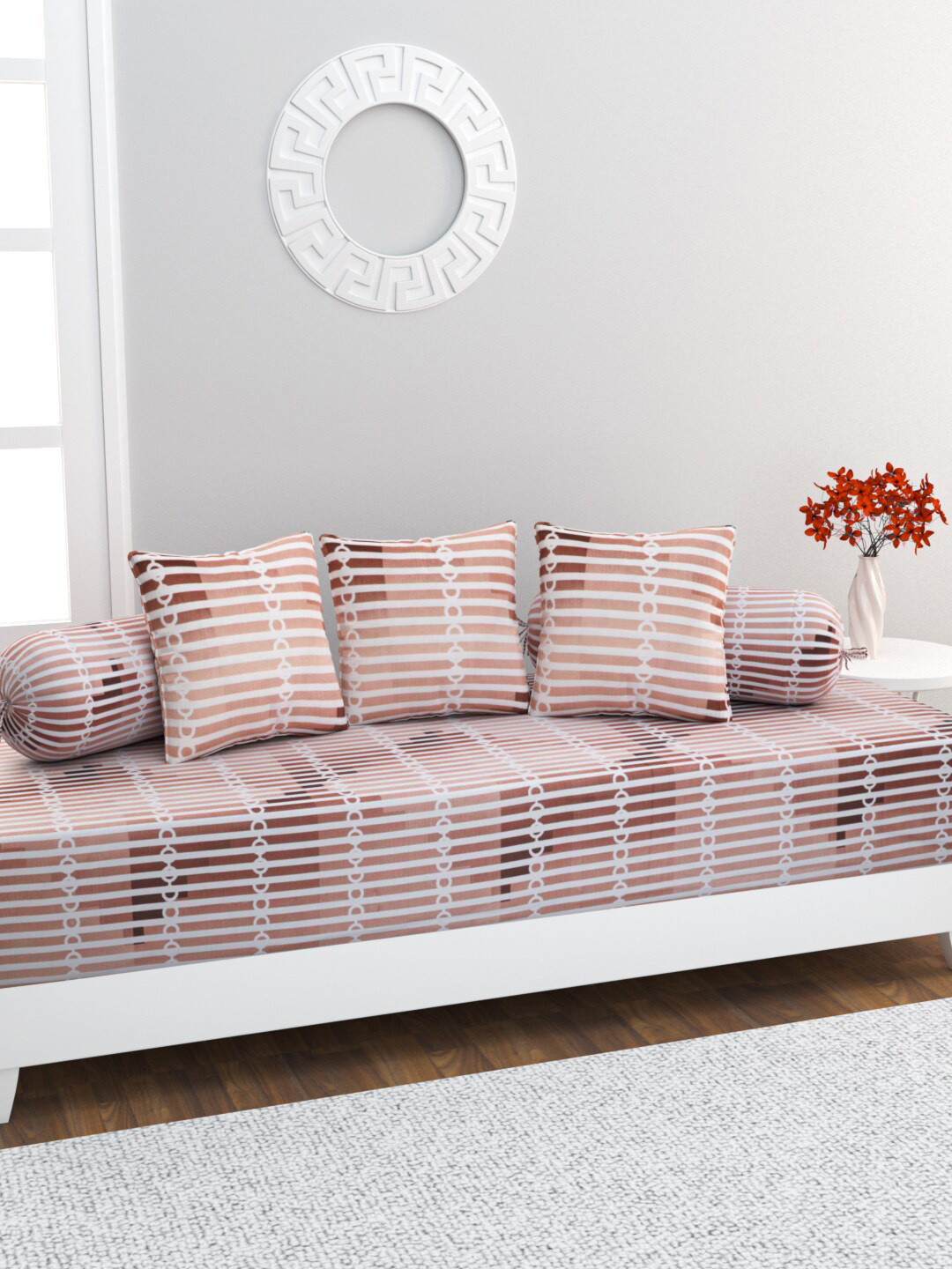 

HOME AFFAIRS 6 Pcs Brown & White Printed Pure Cotton Diwan Set