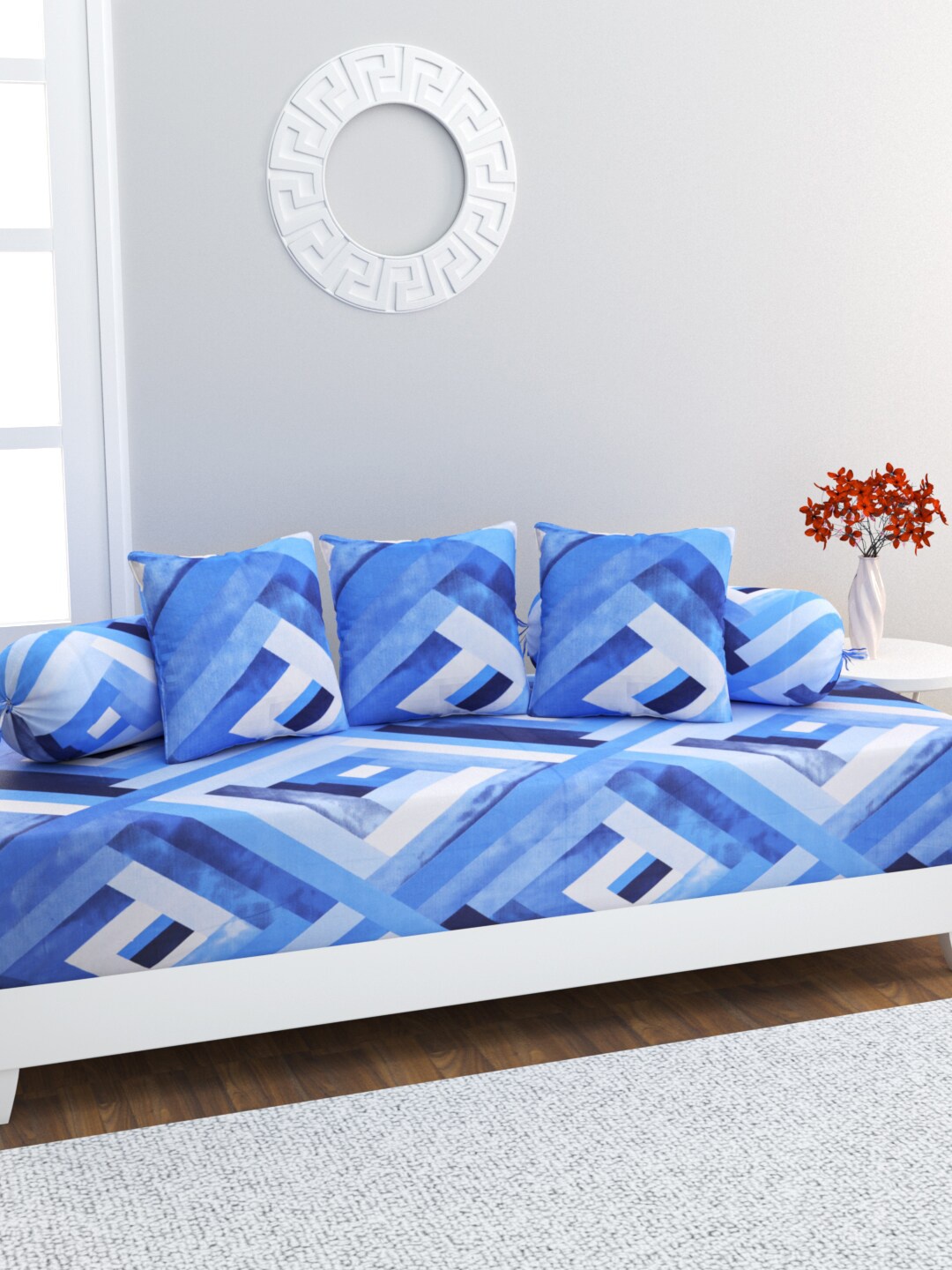 

HOME AFFAIRS 6 Pcs Blue & White Printed Pure Cotton Diwan Set
