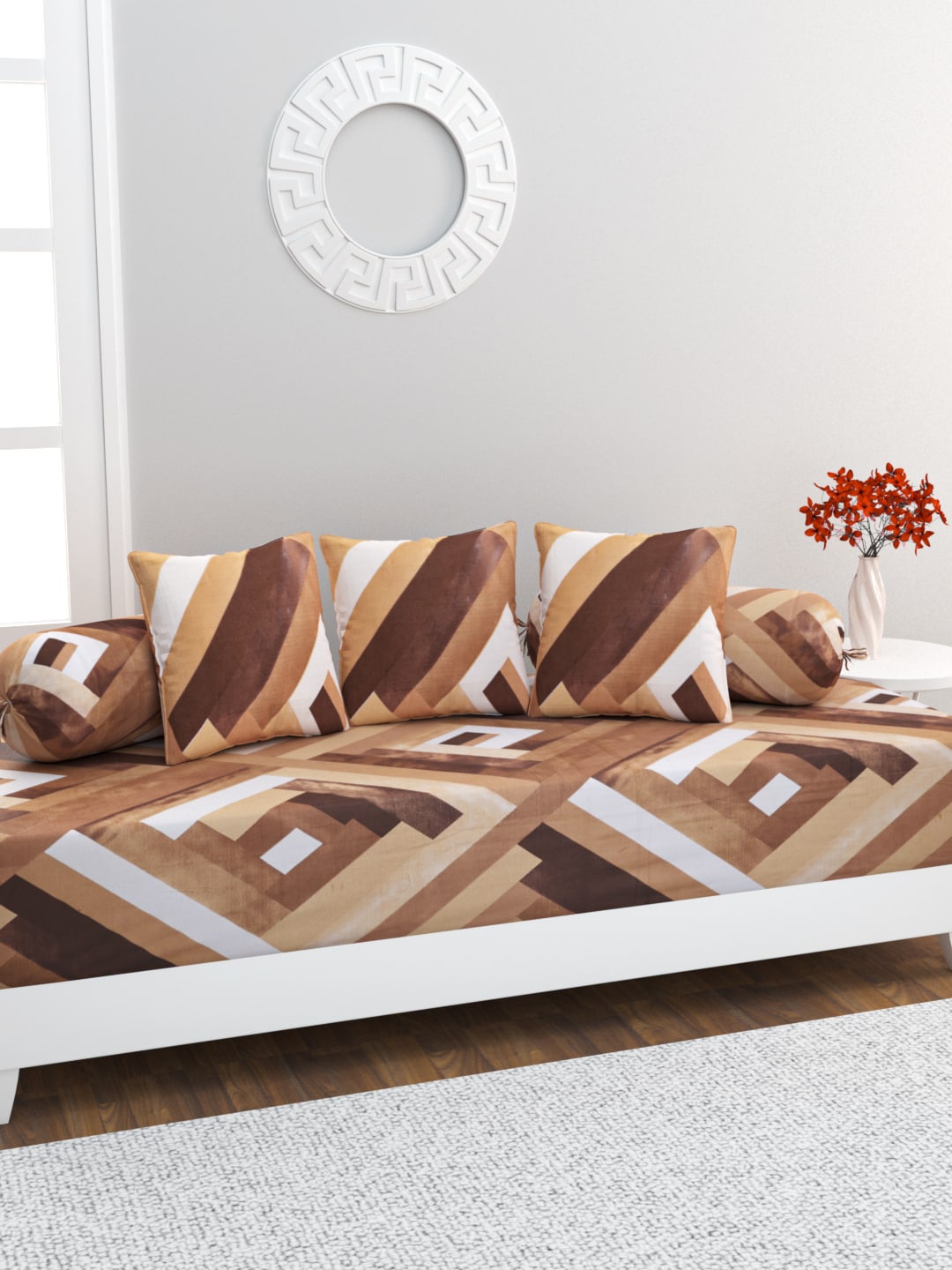 

HOME AFFAIRS 6 Pcs Brown & White Printed Pure Cotton Diwan Set
