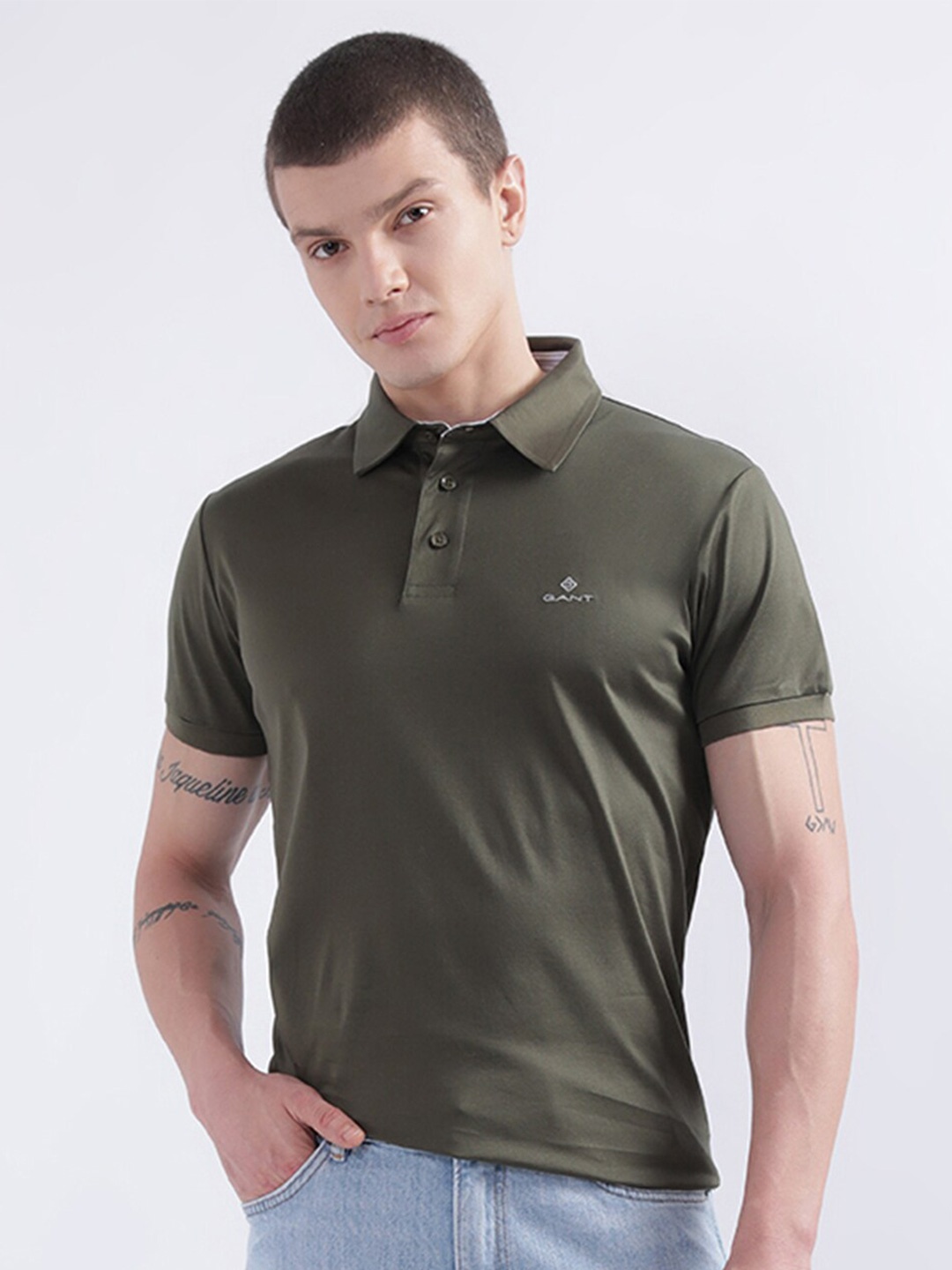 

GANT Men Slim Fit Pure Cotton Polo Collar T-shirt, Olive
