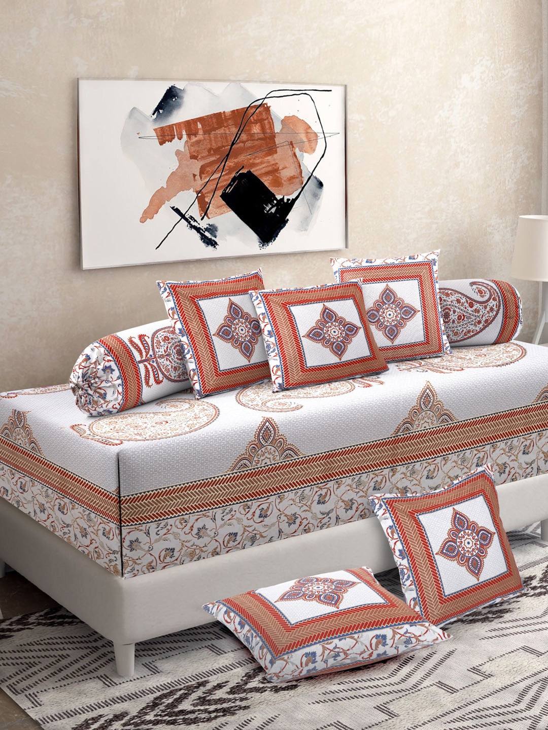 

Rajasthan Decor 8 Pcs White & Orange Floral Cotton Diwan Set