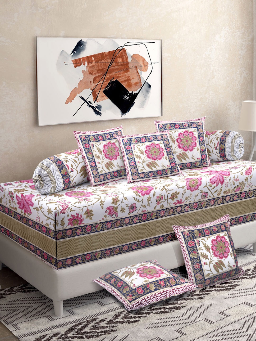 

Rajasthan Decor 8 Pcs White & Pink Floral Printed Cotton Diwan Set