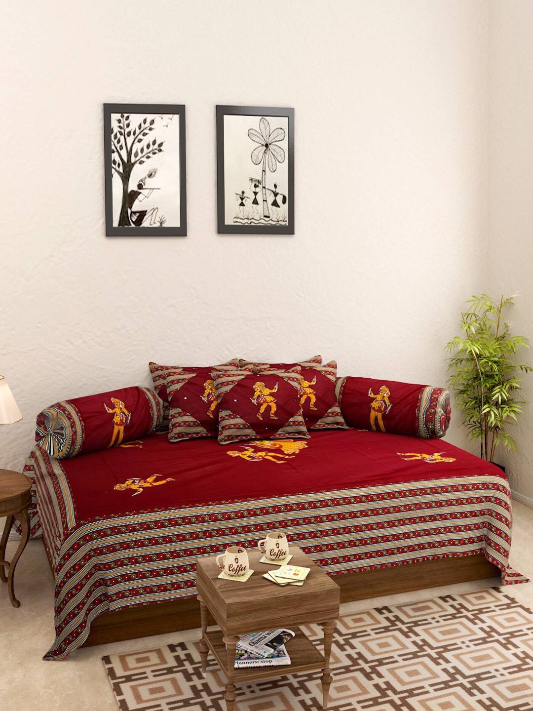 

Rajasthan Decor 8 Pcs Maroon & Yellow Ethnic Printed Patch Work Cotton Diwan Set