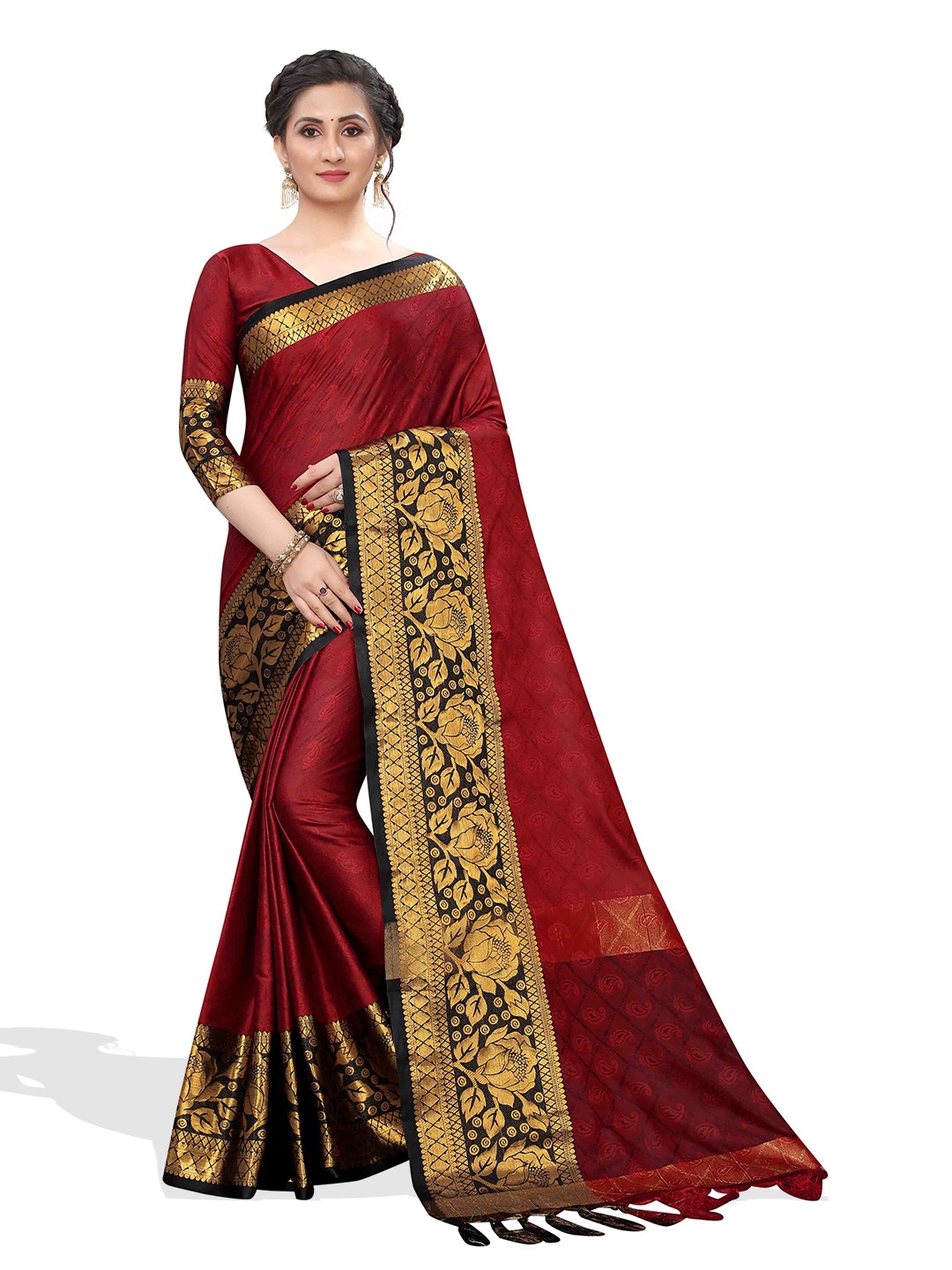 

MAGMINA Paisley Woven Design Zari Pure Silk Banarasi Saree, Red